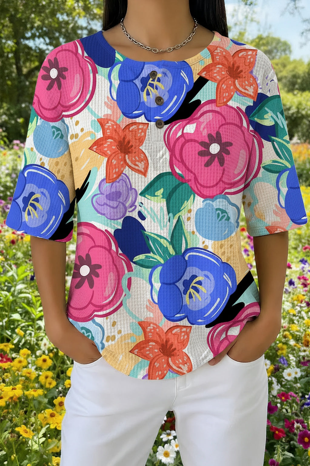 Womens Pink Bold Floral Print Casual Shirt