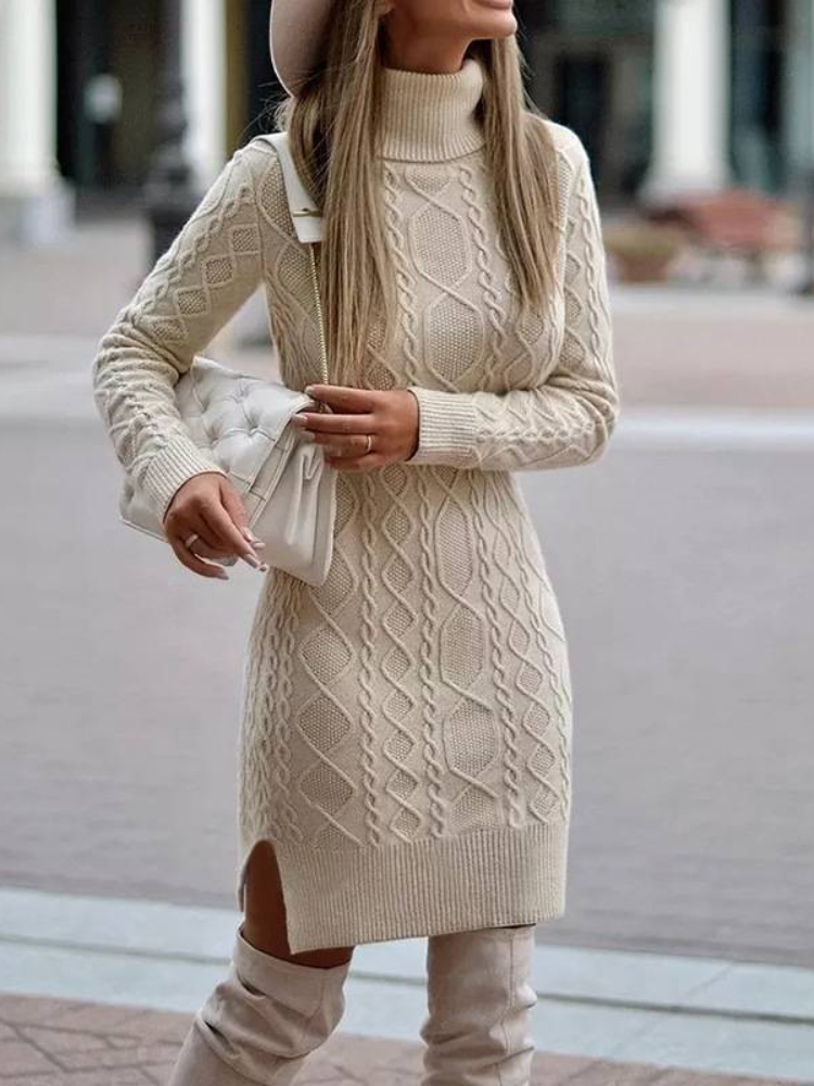 Cable Knit Turtleneck Long Sleeve Sweater Mini Dress 3