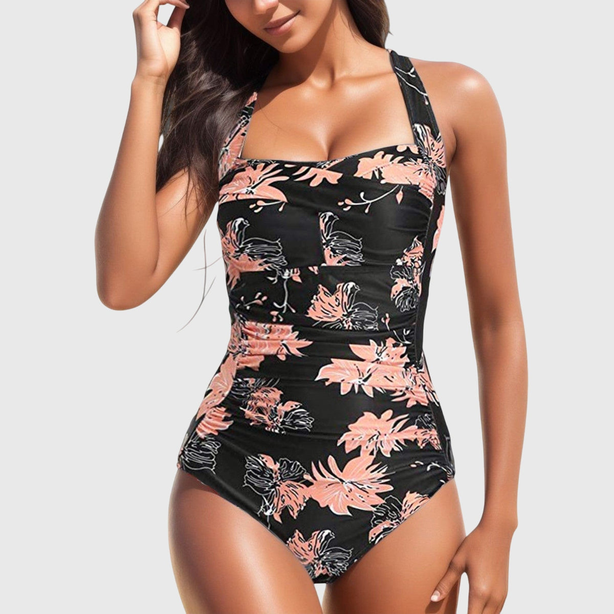 Tropical Floral Ruched Halter One Piece Swimsuit