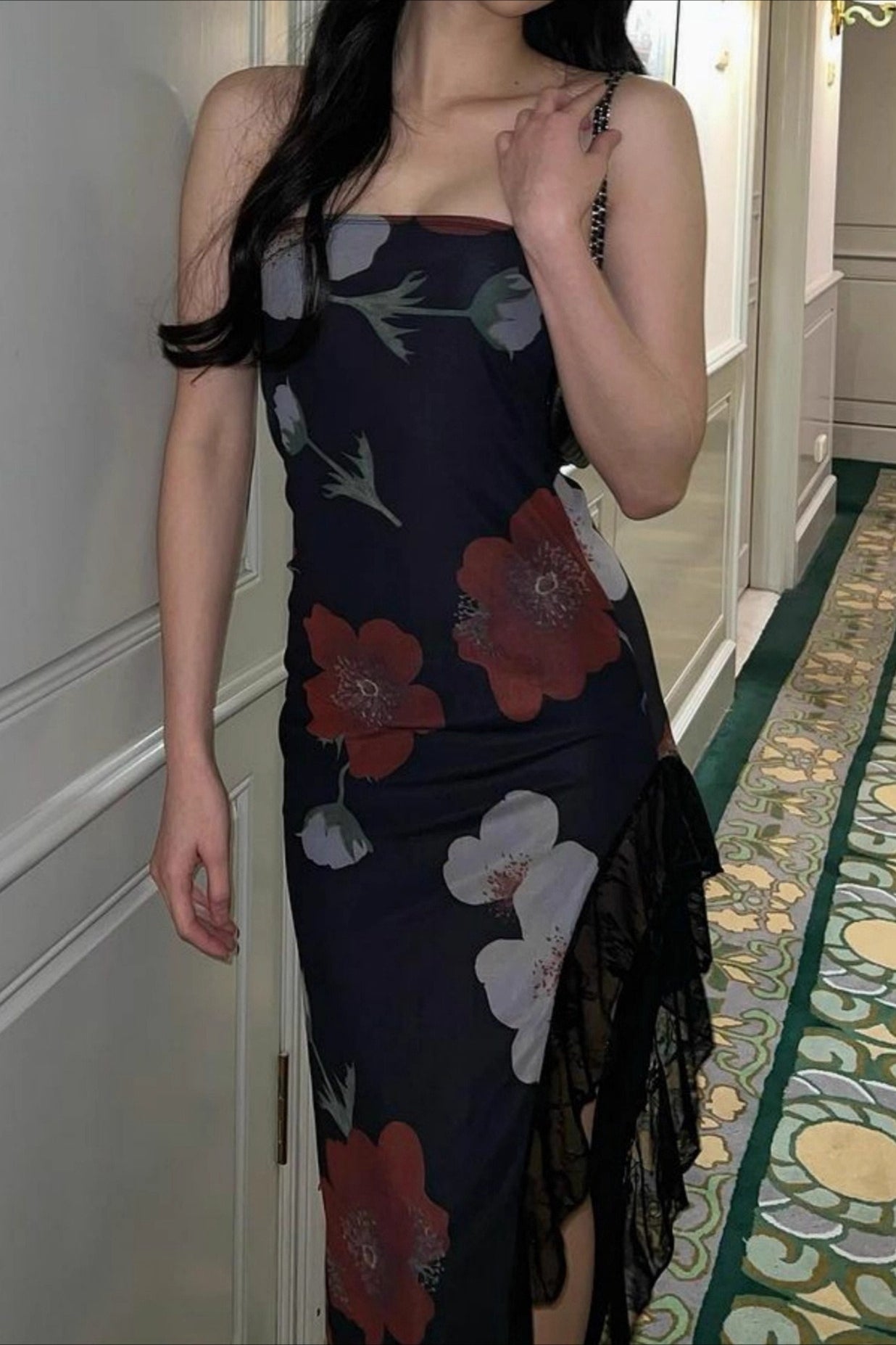 Off Shoulder Mesh Strapless Slit Slim Floral Dress 3