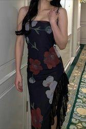 Off Shoulder Mesh Strapless Slit Slim Floral Dress 3