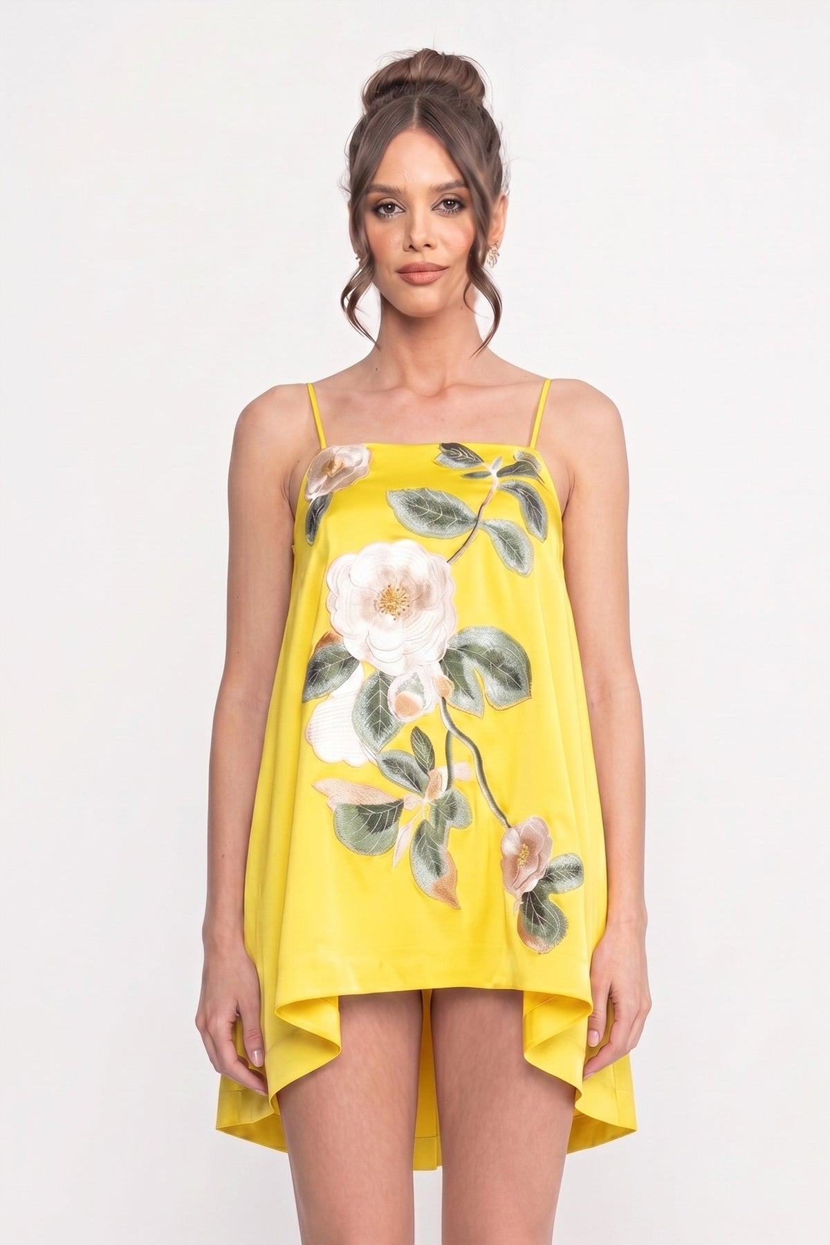 Satin Floral Applique Square Neck Spaghetti Strap Swing Mini Dress 5