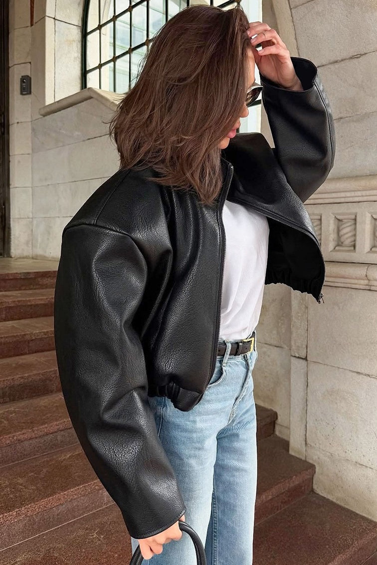 Black Leather Lapel Zip Jacket
