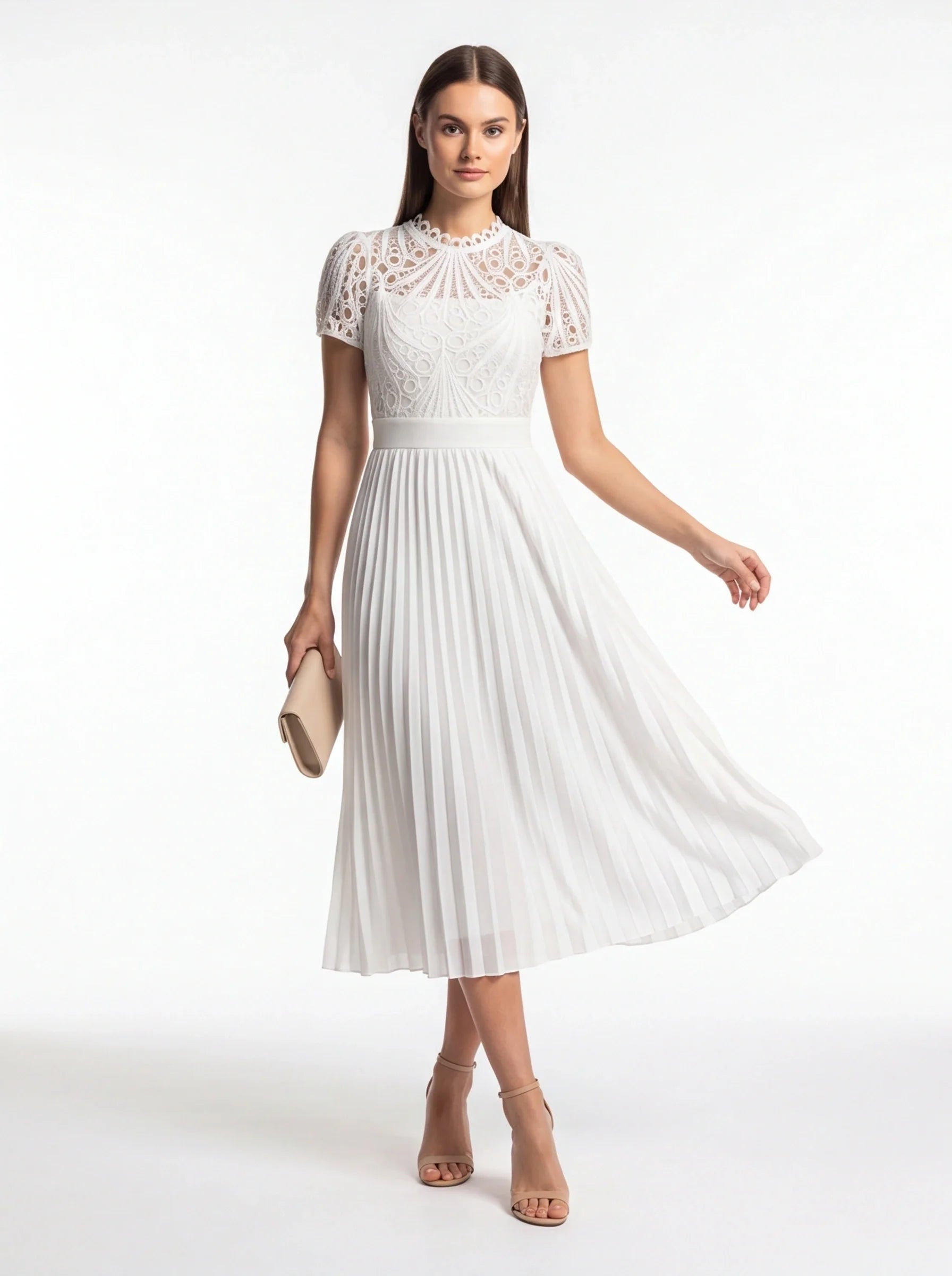 Elegant Pleated Lace Wedding Guest Dress with Cap Sleeves & Midi Lengt - Jamota