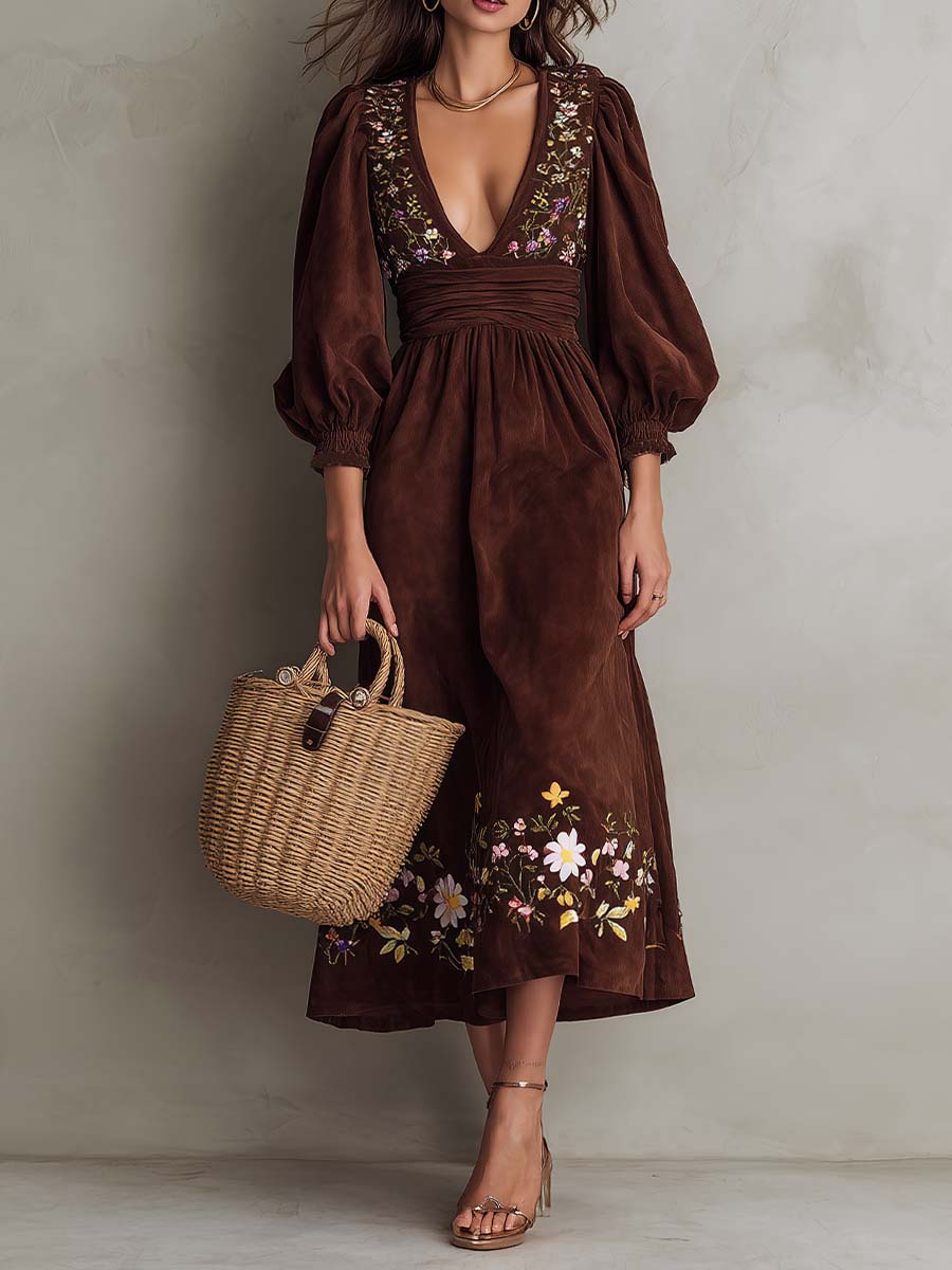 Embroidered Bohemian Puff-Sleeve Midi Dress