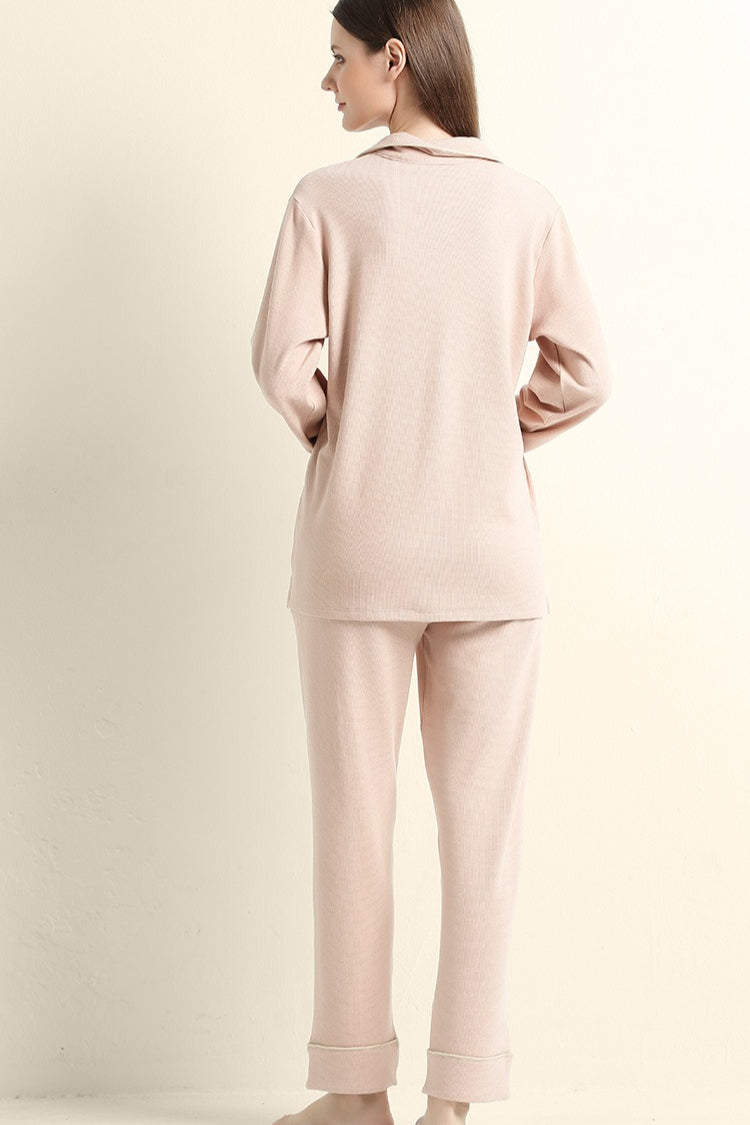 Contrast Piping Notch Collar Button Front Long Sleeve Pajama Set 2