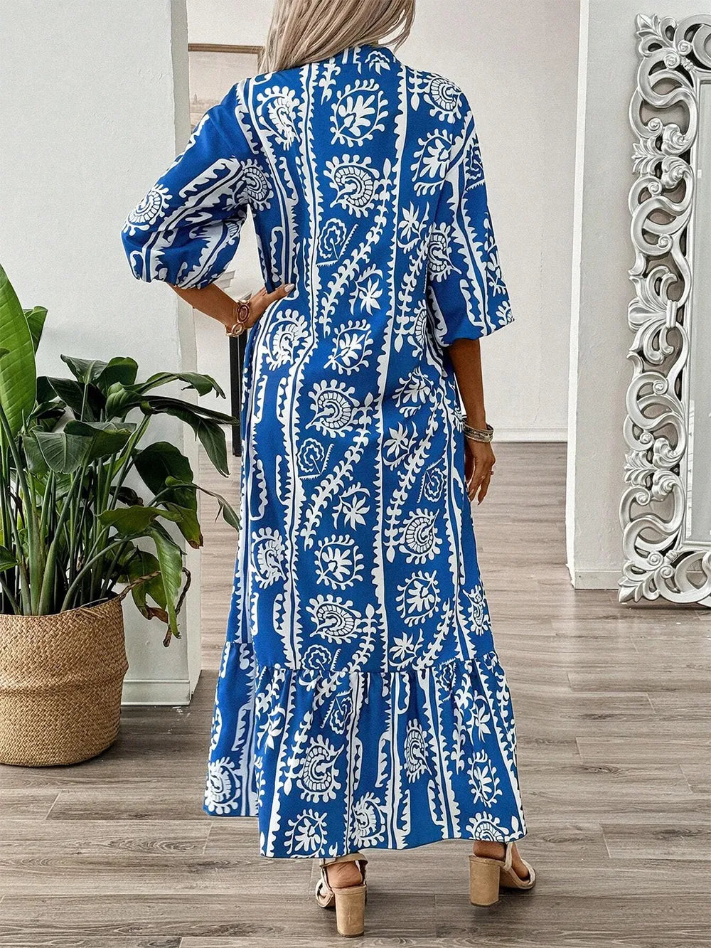 Paisley Print Notch Neck Half Sleeve Ruffle Hem Maxi Dress 4