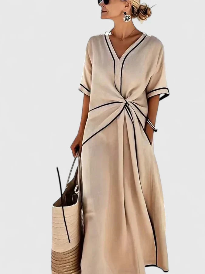 V-Neck Contrast Trim Twist Front Maxi Dress