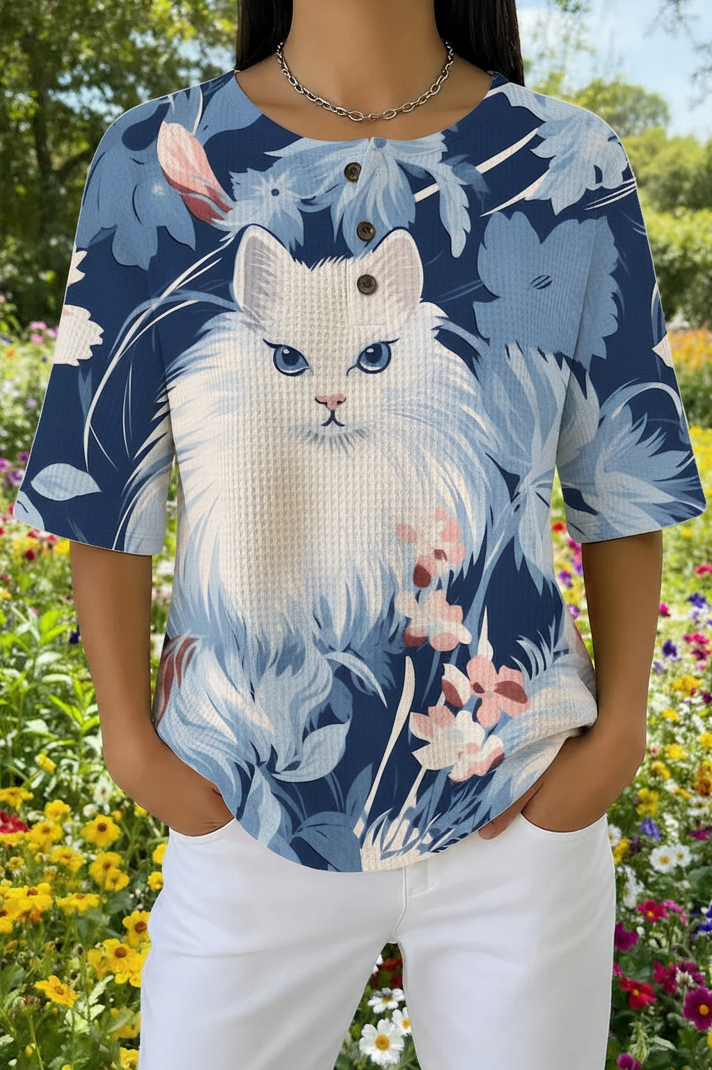 Womens Blue Floral White Cat Print Casual Shirt