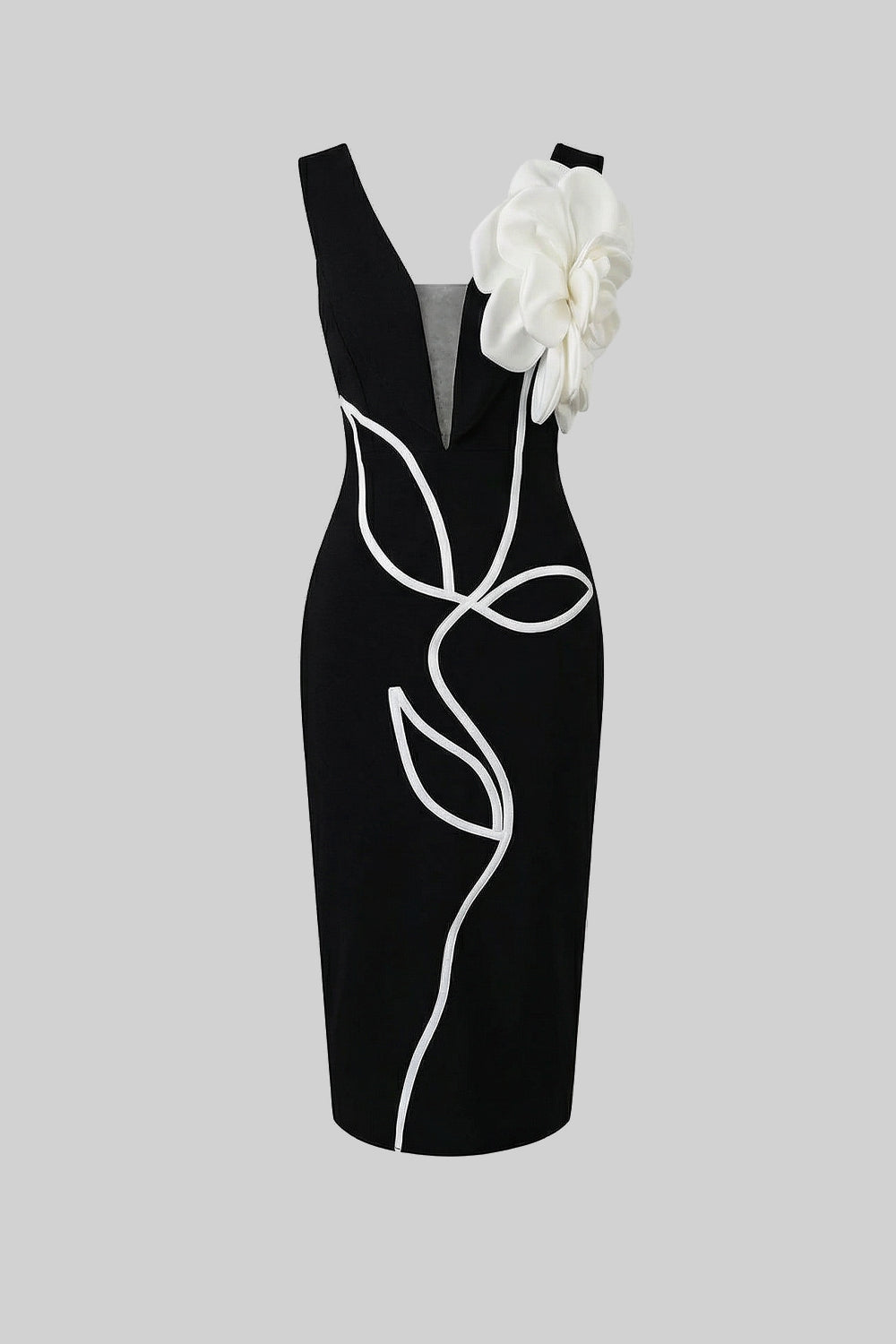Deep V-Neck Sleeveless 3D Flower Contrast Piping Sheath Midi Dress 2