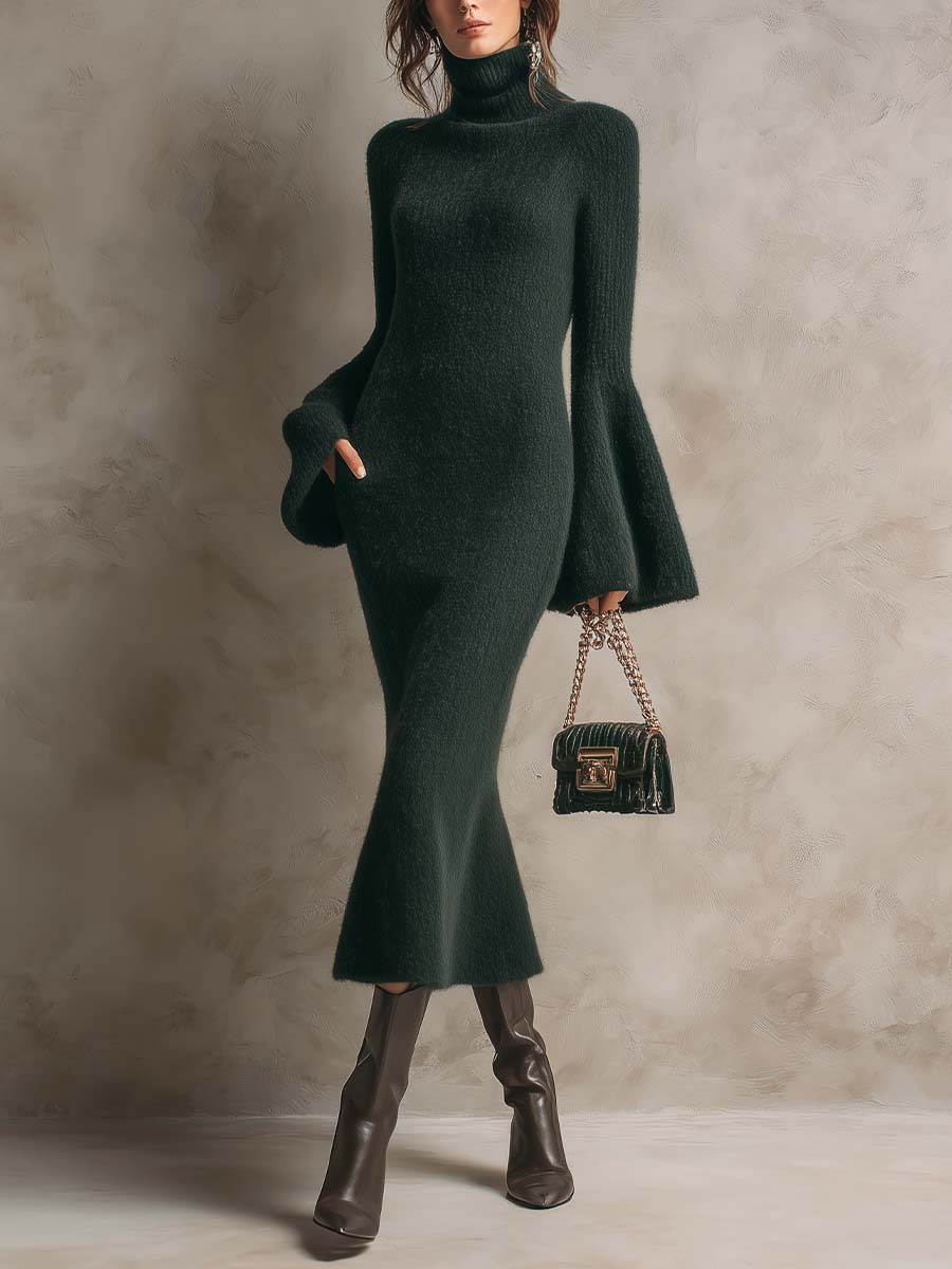 High-Neck Flare-Sleeve Knit Maxi Dress – Deep Forest Green