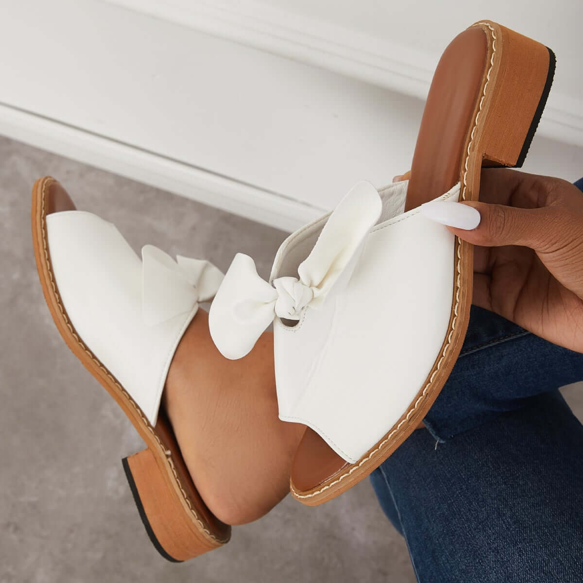 Womens Fashion Peep Toe Low Heel Bow Slippers