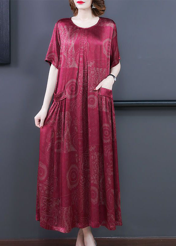 Jacquard Damask Print Round Neck Pocket Short Sleeve Loose Maxi Dress