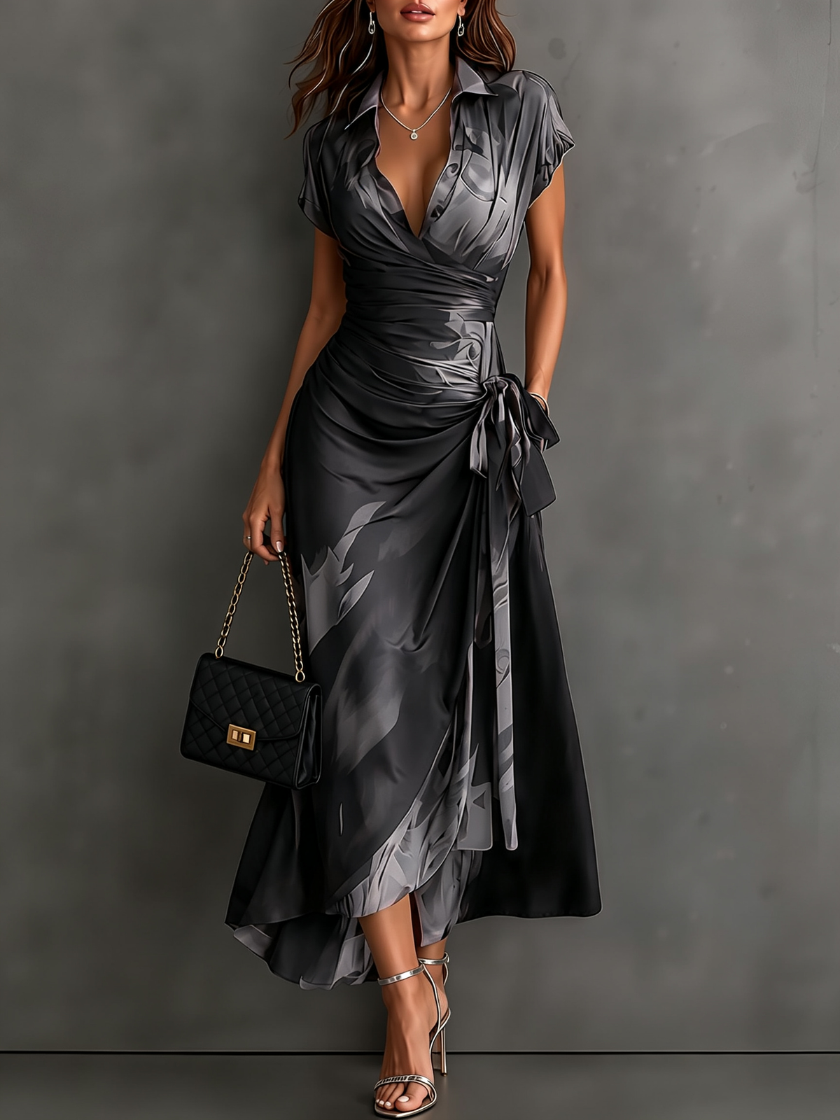Abstract Print Collared Cap Sleeve Ruched Wrap Maxi Dress