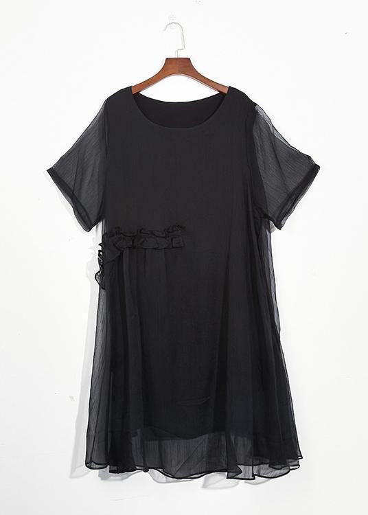 Sheer Overlay Crew Neck Short Sleeve Tie Waist Shift Midi Dress