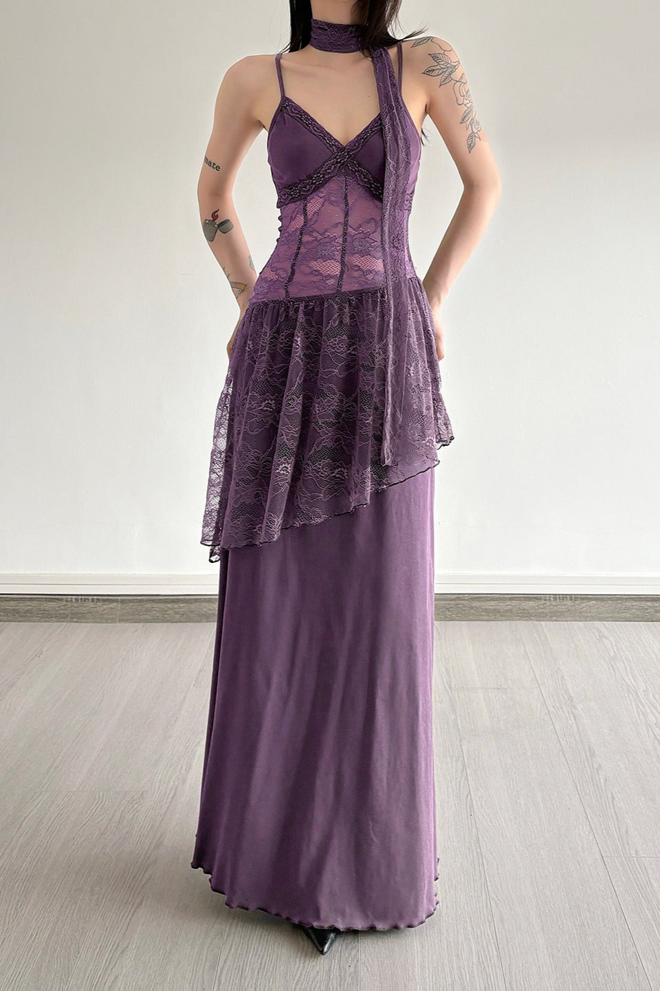 Lace Trim Sheer Waist Tie Cami Maxi Lace Dress 7