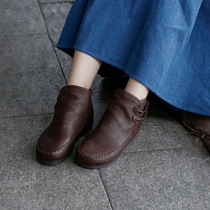 Retro Handmade Leather Ankle Booties For Women Low Heel Winter Casual Boots Yellow/Brown/Coffee