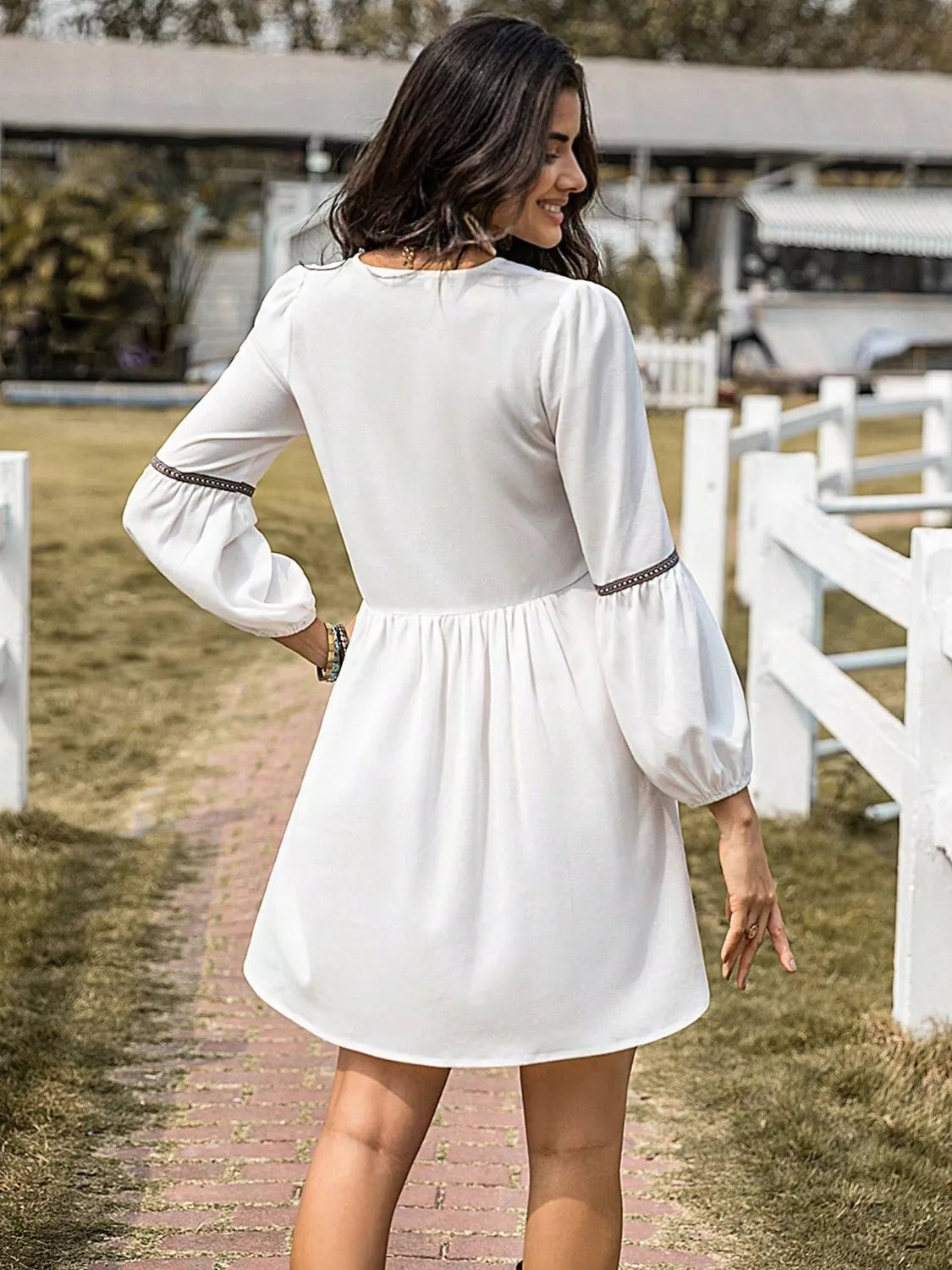 Embroidered Tape Trim Notch Neck Long Sleeve Smock Mini Dress 3
