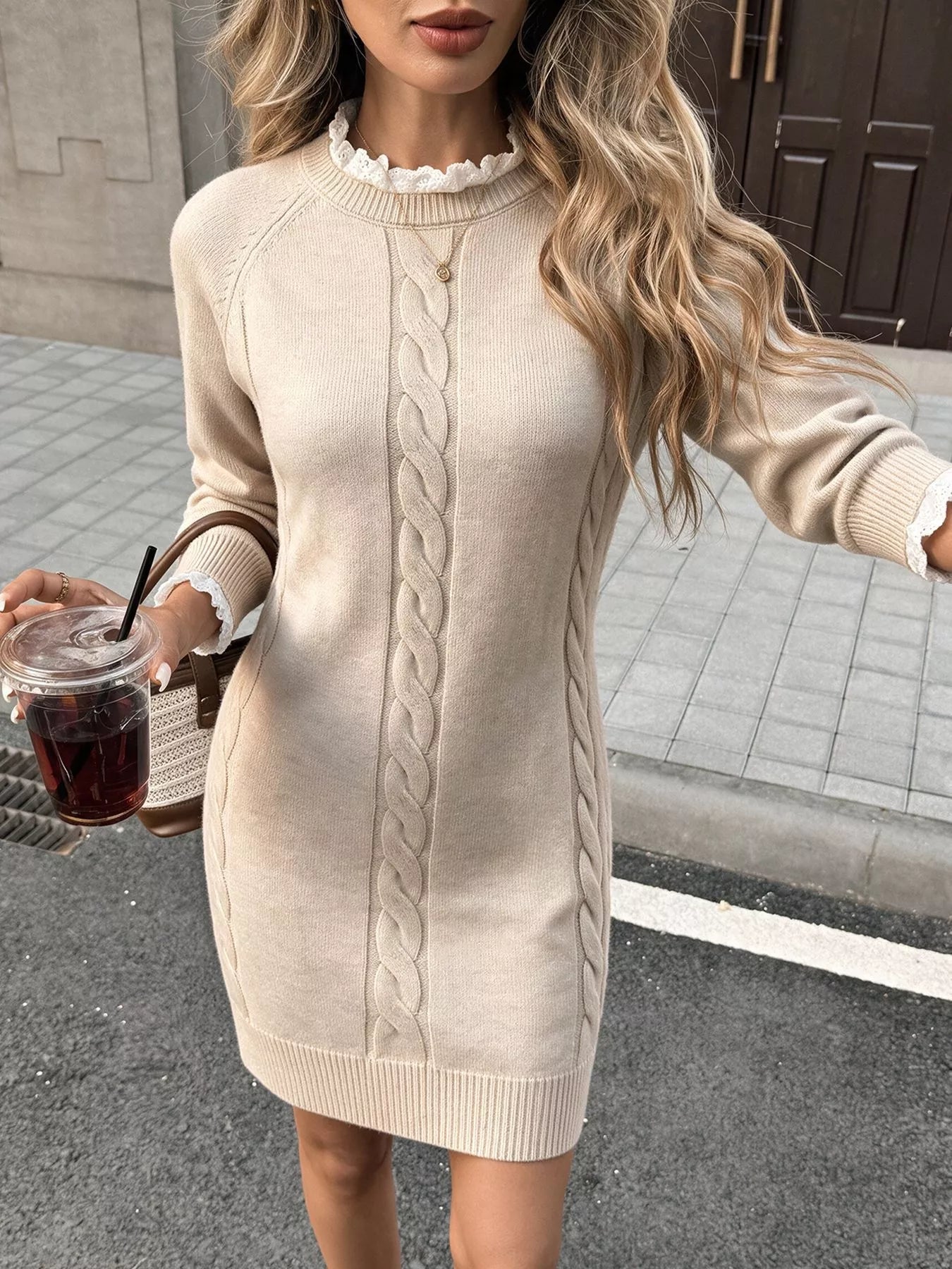 Cable Knit Raglan Sleeve Sweater Dress