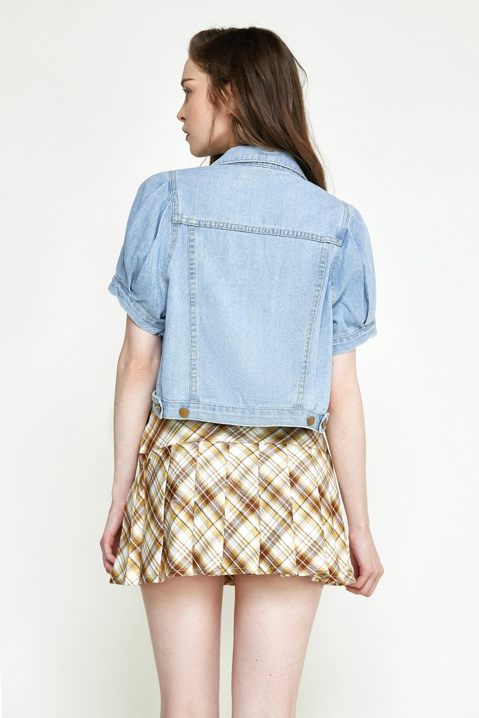 Light Slate Gray Puff Sleeve Pocket Detail Cropped Denim Jacket