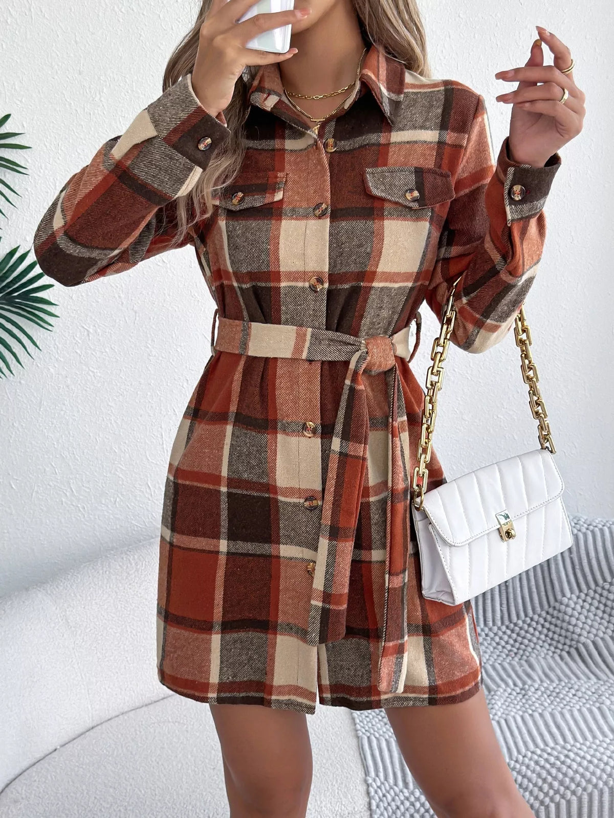 Plaid Button Front Tie Waist Shirt Dress