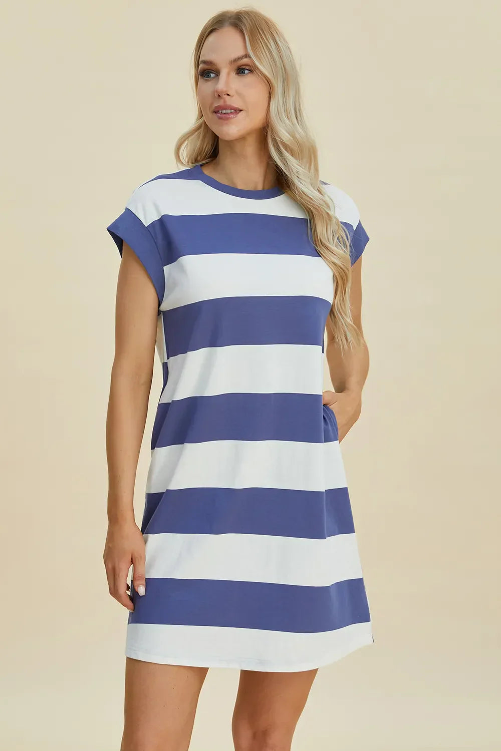 Striped Sleeve Mini Dress = Round Neck