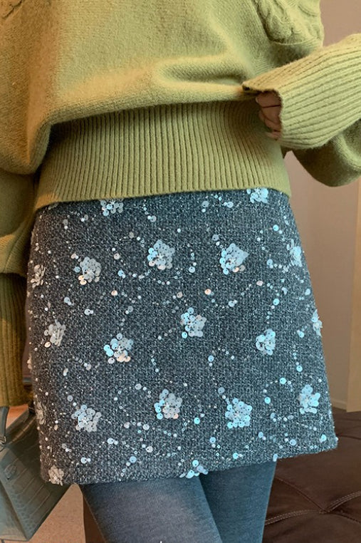 Embroidered Sequin High Waist A-Line Skirt