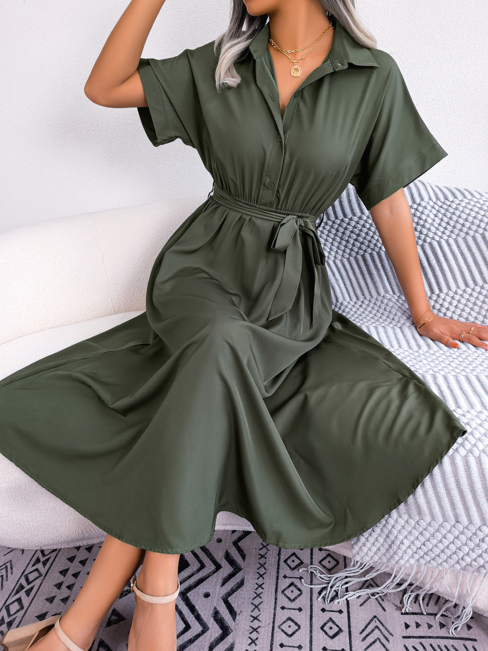 Short Sleeve Collared Tie Belt Dress Army Green