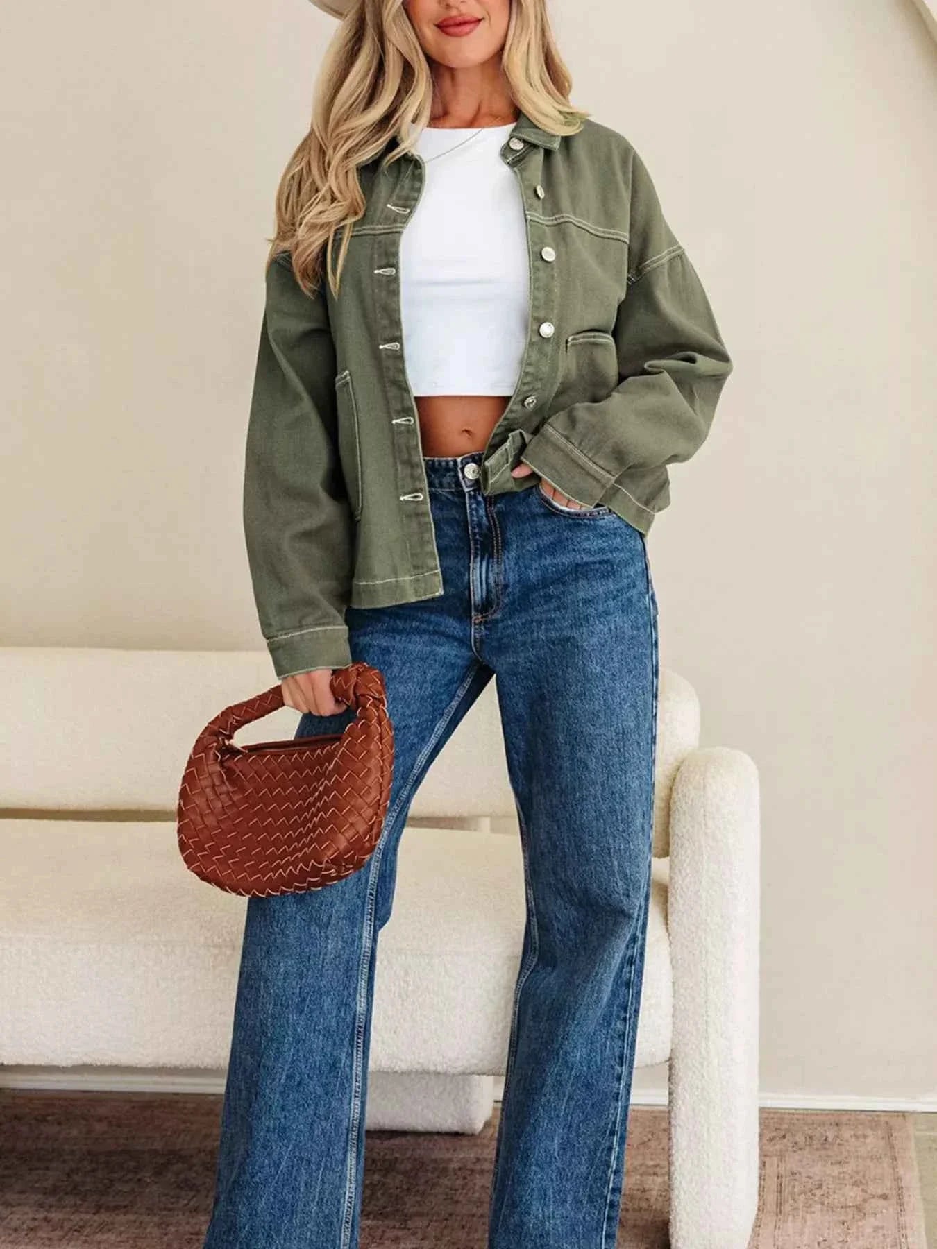 Patched Pocket Collared Button Front Boyfriend Denim Jacket