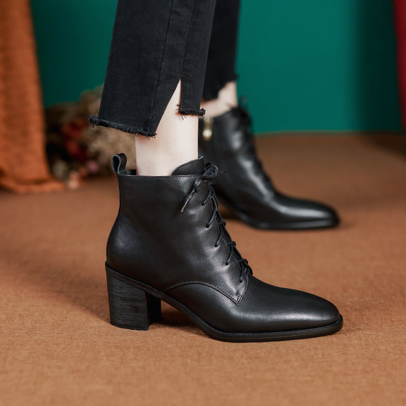 High Heel Boots Side Zip Cowhide Leather Ankle Boots Soft Walking Short Boots Brown/Black