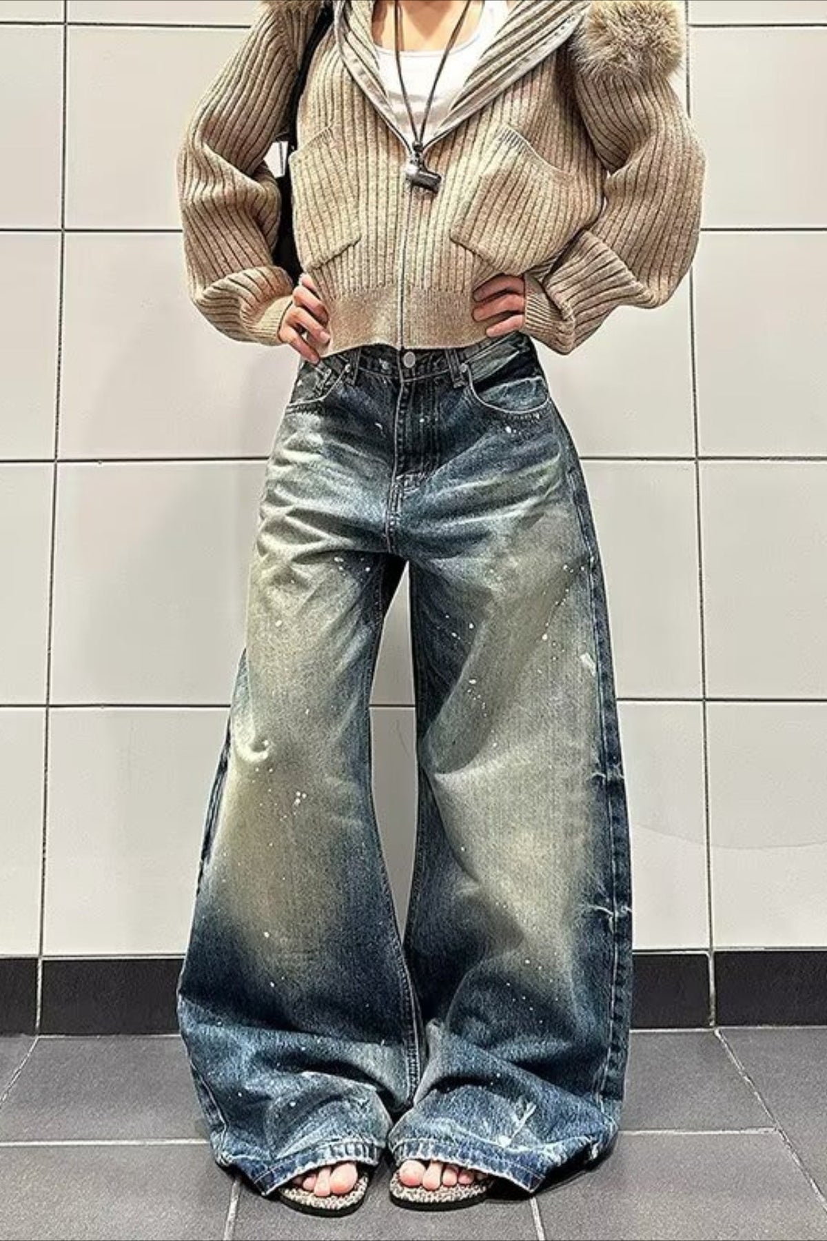Paint Splatter Faded Wash Baggy Wide Leg Jeans