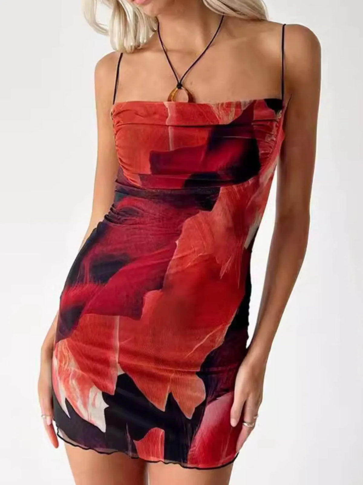 Abstract Print Mesh Cowl Neck Halter Cami Bodycon Mini Dress