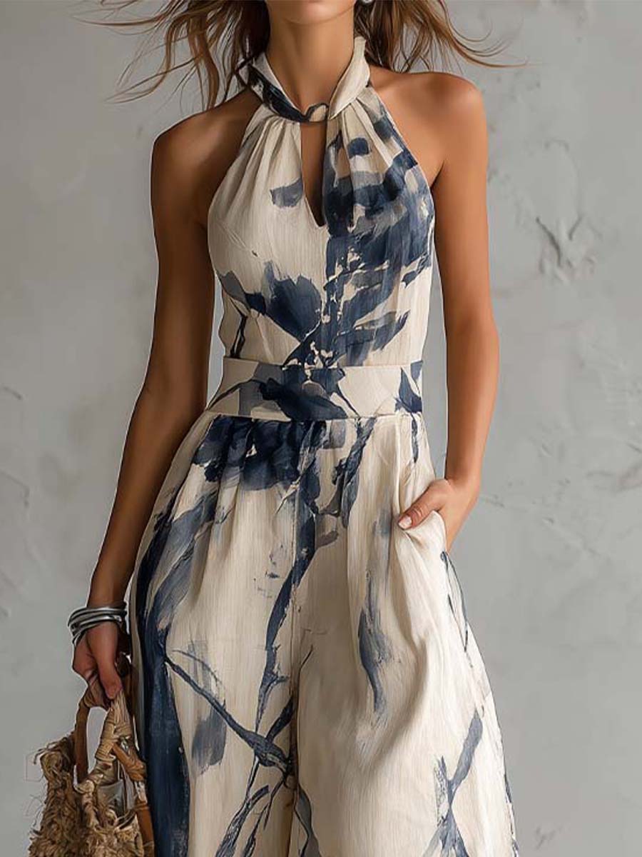 Abstract Print Halter Neck Wide Leg Jumpsuit