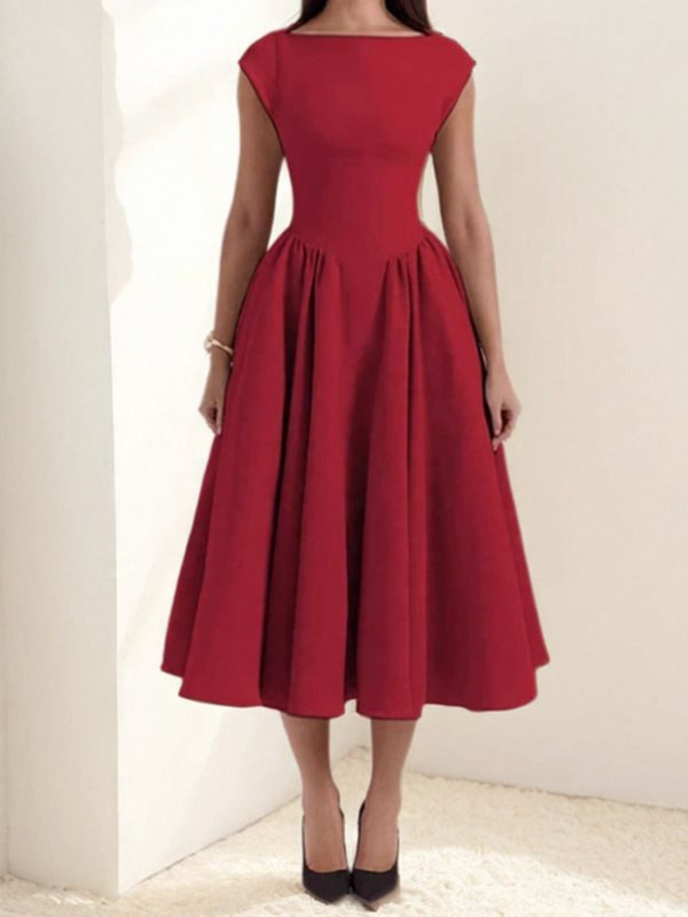 Satin Boat Neck Cap Sleeve Fit and Flare Midi Dress 5