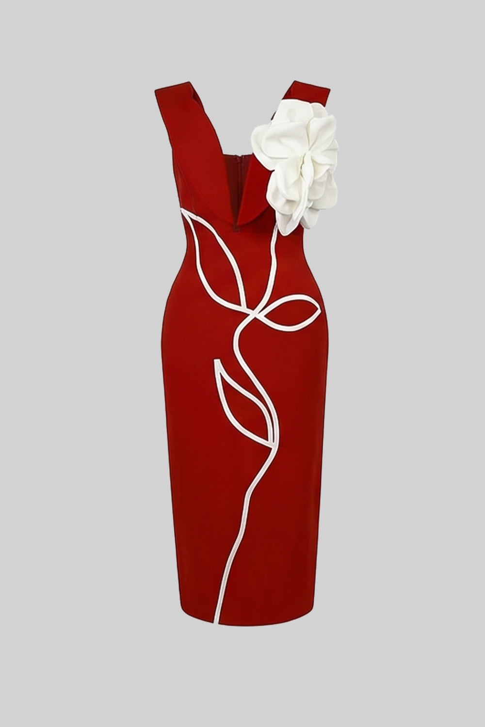 Deep V-Neck Sleeveless 3D Flower Contrast Piping Sheath Midi Dress 2