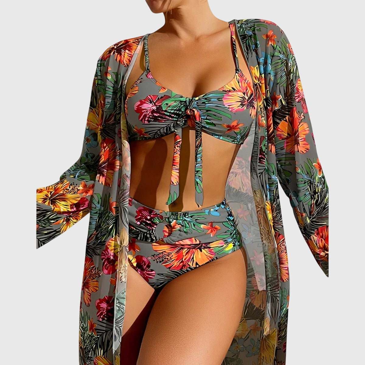 Tropical Floral Bikini and Long Cover Up Three Piece Swimsuit