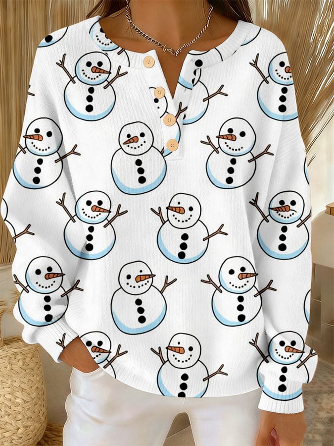 Snowman Print Henley Neck Long Sleeve Textured Sweatshirt