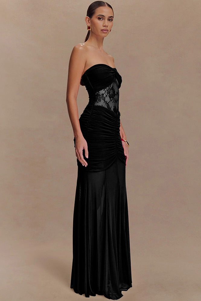 Strapless Ruched Cutout Bodycon Lace Dress