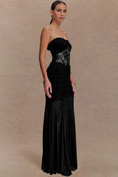 Strapless Ruched Cutout Bodycon Lace Dress