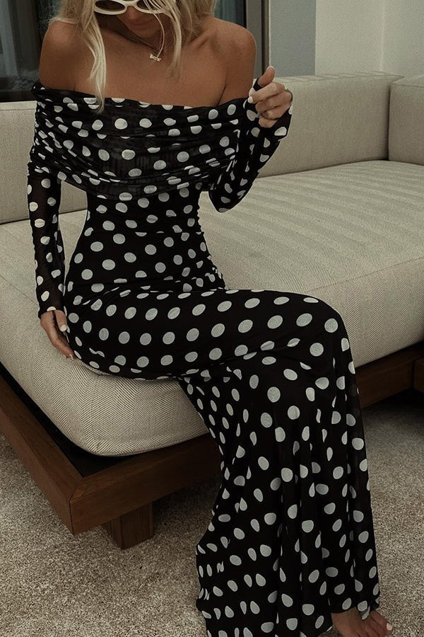 Hazel Statement Chic Off the Shoulder Ruched Stretch Maxi Dress with Polka Dot Print Boutique Collection