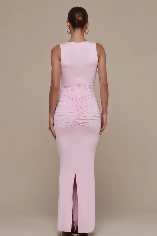 Sleeveless V Neck Ruched Back Slit Bodycon Party Dress