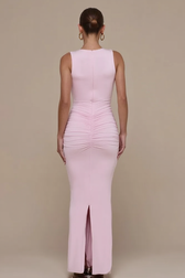 Sleeveless V Neck Ruched Back Slit Bodycon Party Dress