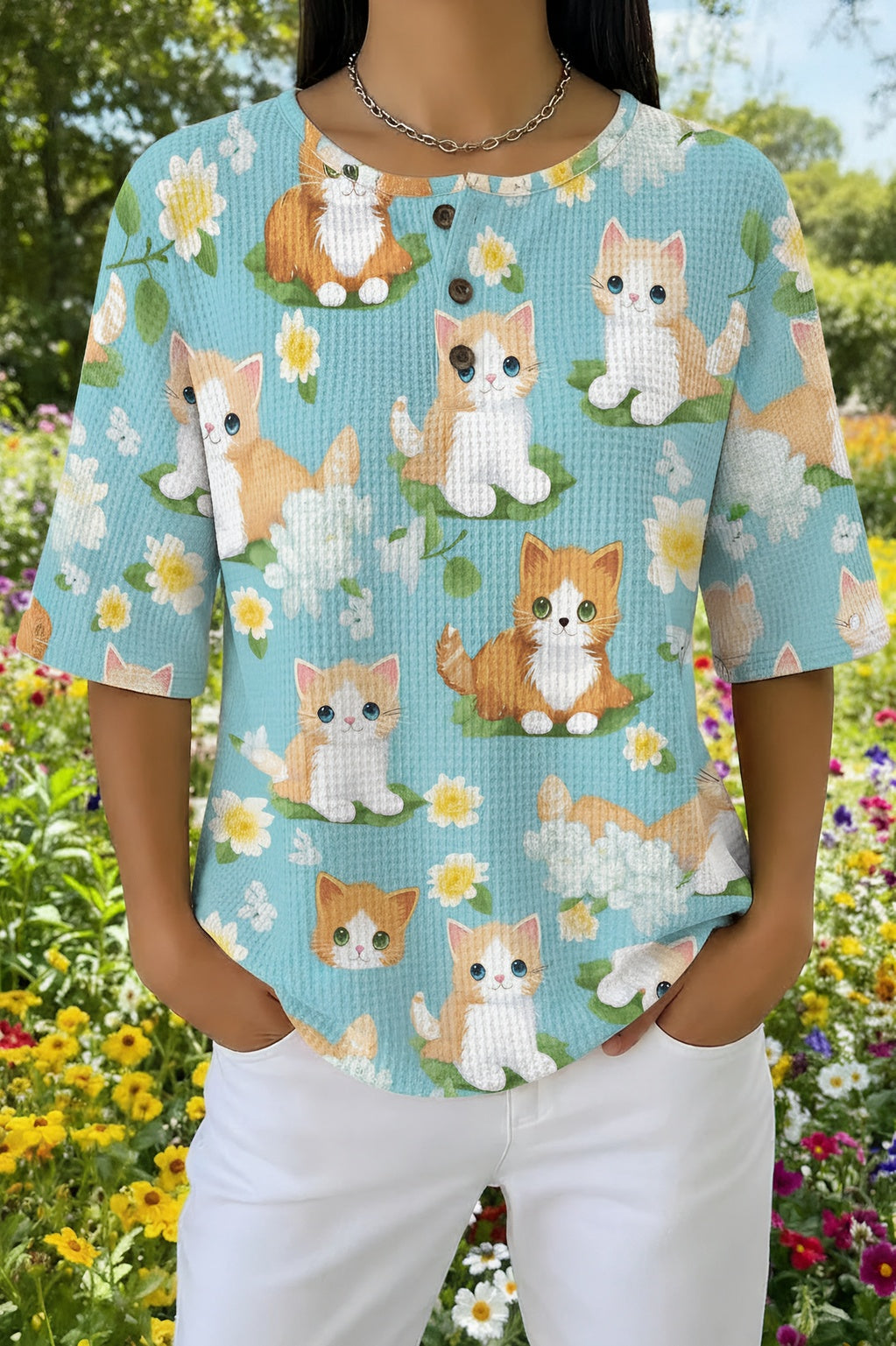 Womens Light Blue Cartoon Cat Print Casual Shirt