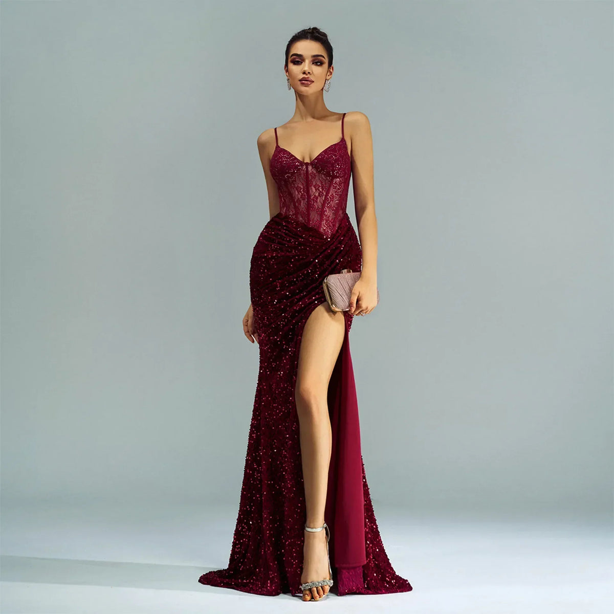 Sequin Sheer Lace Corset Bodice Spaghetti Strap High Split Maxi Dress 7