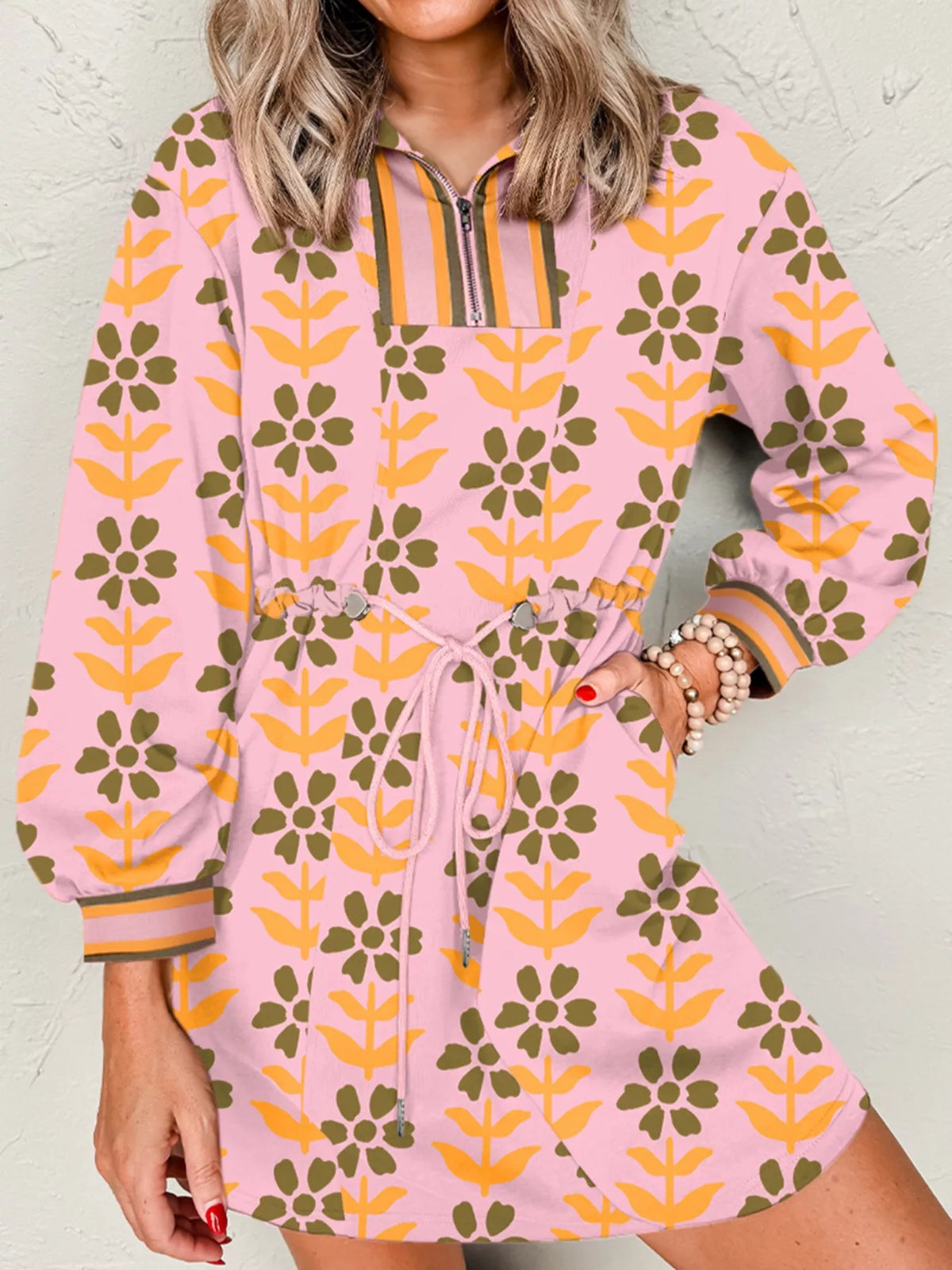 Floral Print Half Zip Long Sleeve Drawstring Waist Mini Dress 2