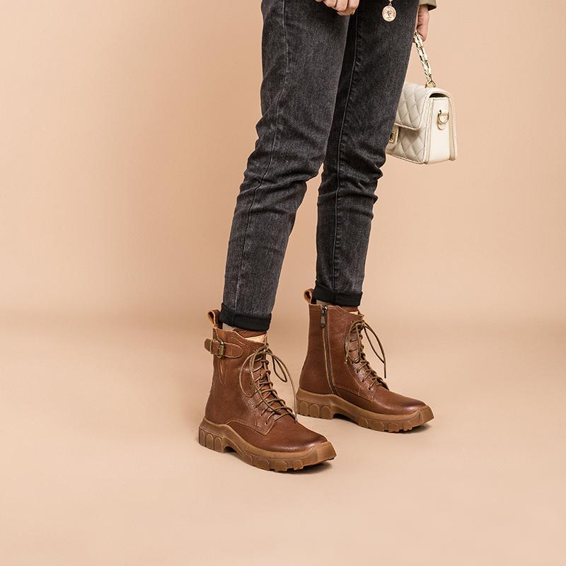 Full grain leather Combat Boots Designer Retro Chunky Riding Boots Side Zip Brown/Black