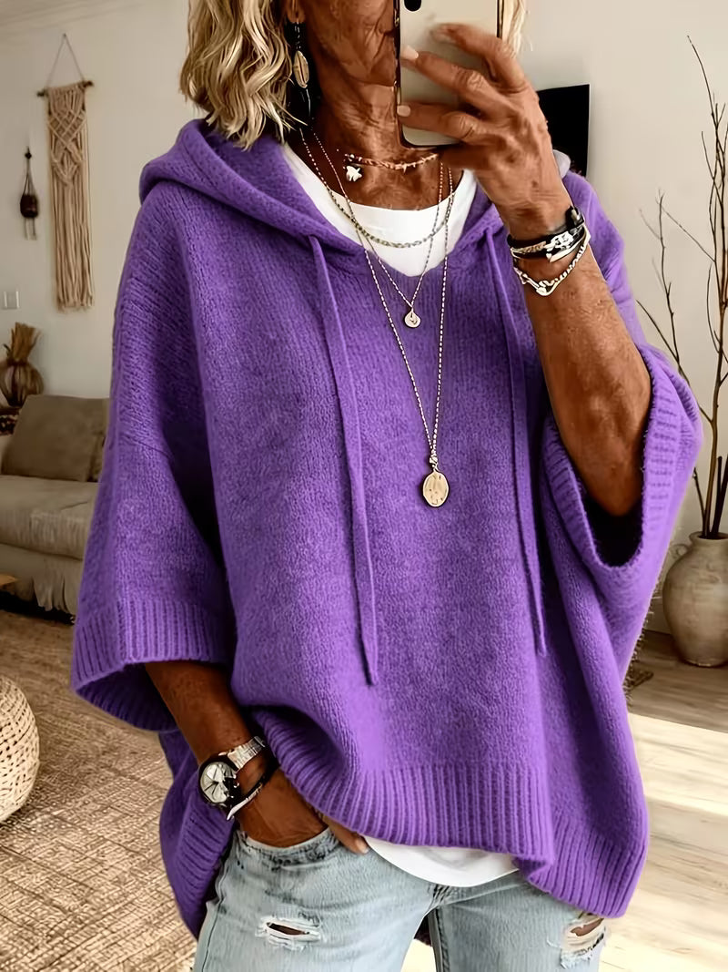 Hooded Drawstring Oversized Knit Poncho Sweater
