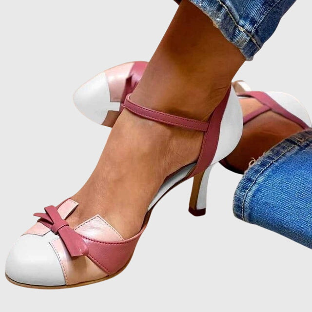 Round Toe Ankle Strap Bow Stiletto Heel Pumps 2