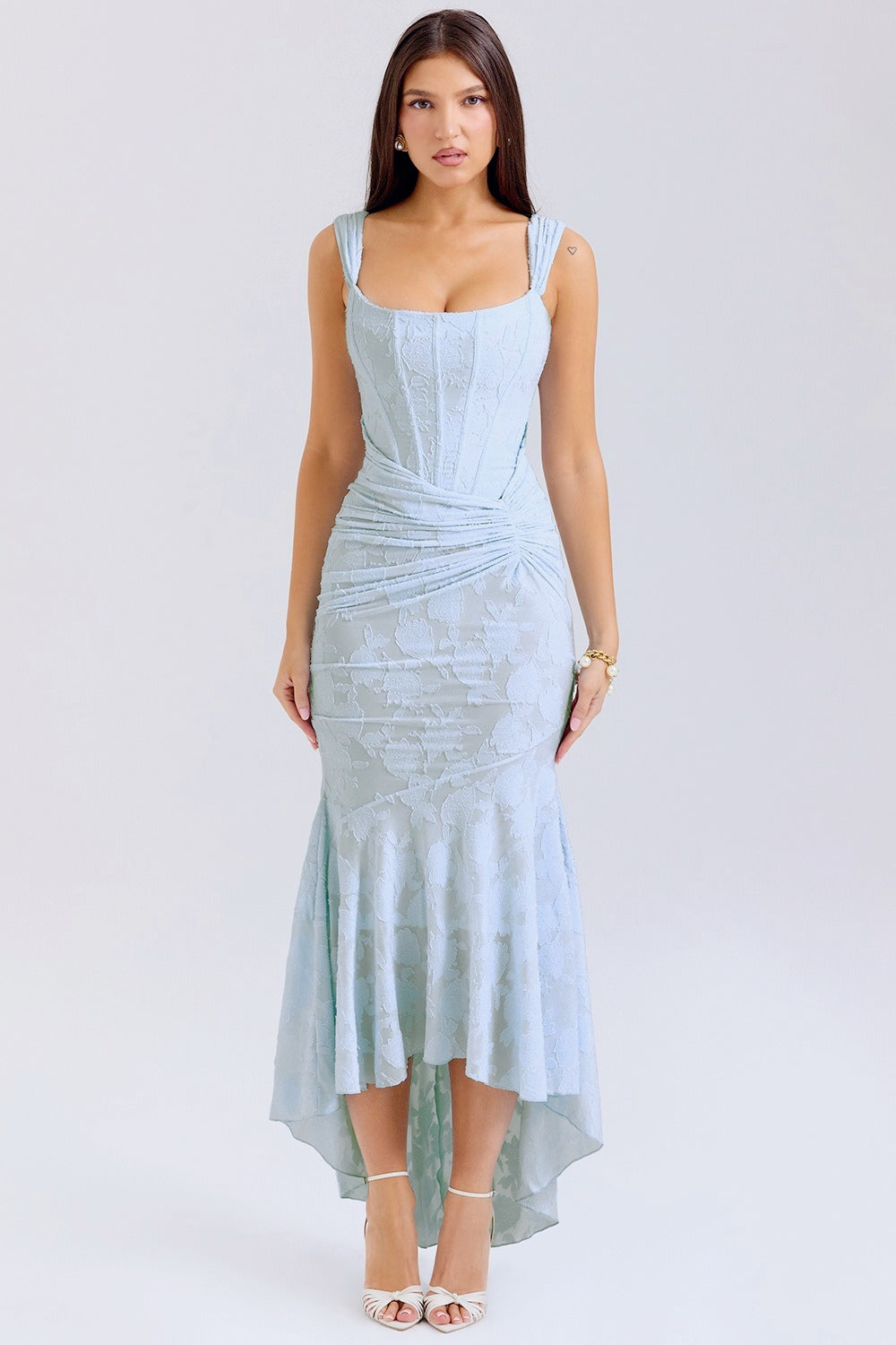 Velvet Square Neck Ruched Waist Lace Midi Dress