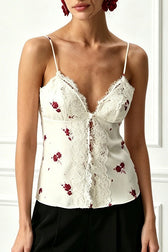 Floral Lace Trim Button Cami Top